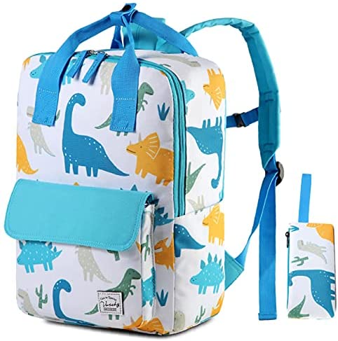 VASCHY Mochila escolar para niños, mochila de dinosaurio para niños, mochila con asa superior, impermeable, ligera, con estuche, lápiz, azul claro