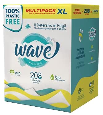Wave Washing Classic – El Detergente Sábana – 100% LIBRE DE PLÁSTICO – Multipack XL – 208 Lavados – Ecológico – Biodegradable – Compostable