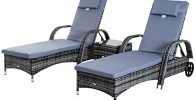 Conjunto Outsunny 2 chaise longues + 1 mesa de ratán para sillas de jardín o terraza con cojín y respaldo regulable en 5 niveles (gris)