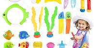 Juguetes de buceo Auney, 30 piezas de juguetes de piscina con bolsa de almacenamiento, palo de buceo, anillo de buceo, pulpo, juegos de agua del tesoro pirata para niños