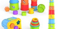 MOONTOY Cubos apilables para bebés de 12 meses en adelante, juguetes apilables de 19 piezas, juguetes Montessori para niños y niñas, juguetes de playa y baño para interiores y exteriores para bebés, juguetes de aprendizaje temprano de 1 a 6 años